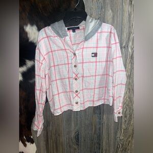Tommy Hilfiger size small cropped button up pink plaid shirt